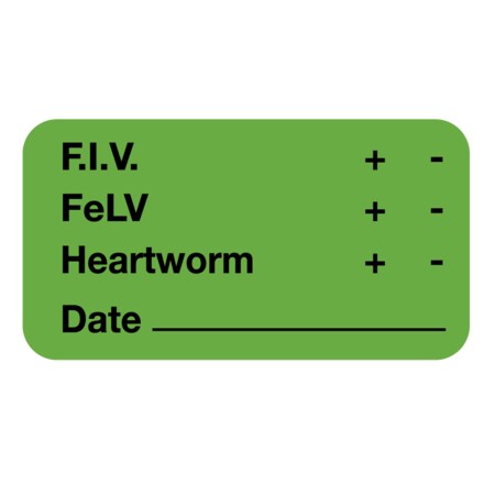 Nevs Label, FIV/FELV/Heartworm/Date_ 7/8 x 1-5/8 Flr Green w/Black LW-0022
